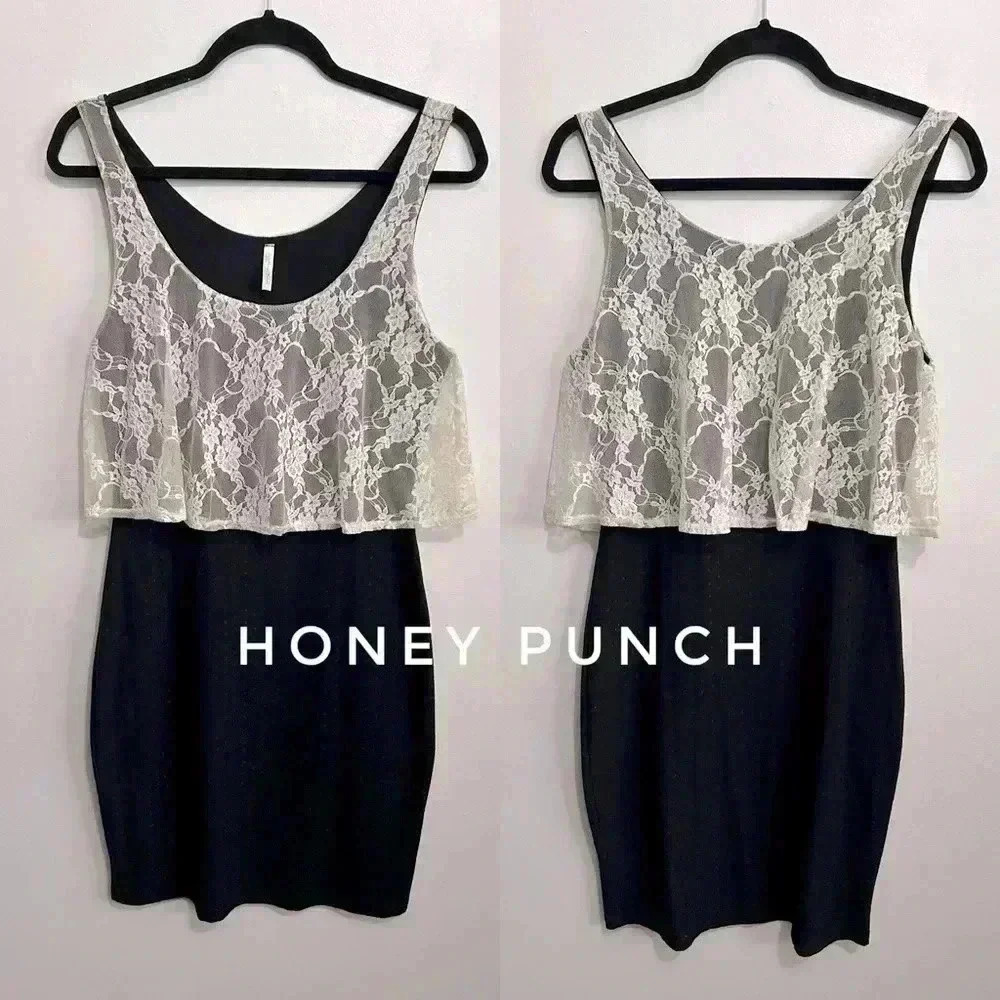 Honey Punch Women’s black 2 - in 1  Lace Overlay bodycon dress size M - Picture 2 of 4